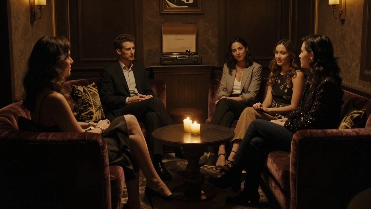 A hidden members-only lounge in Paris with soft lighting, velvet furniture, and calm adult guests.