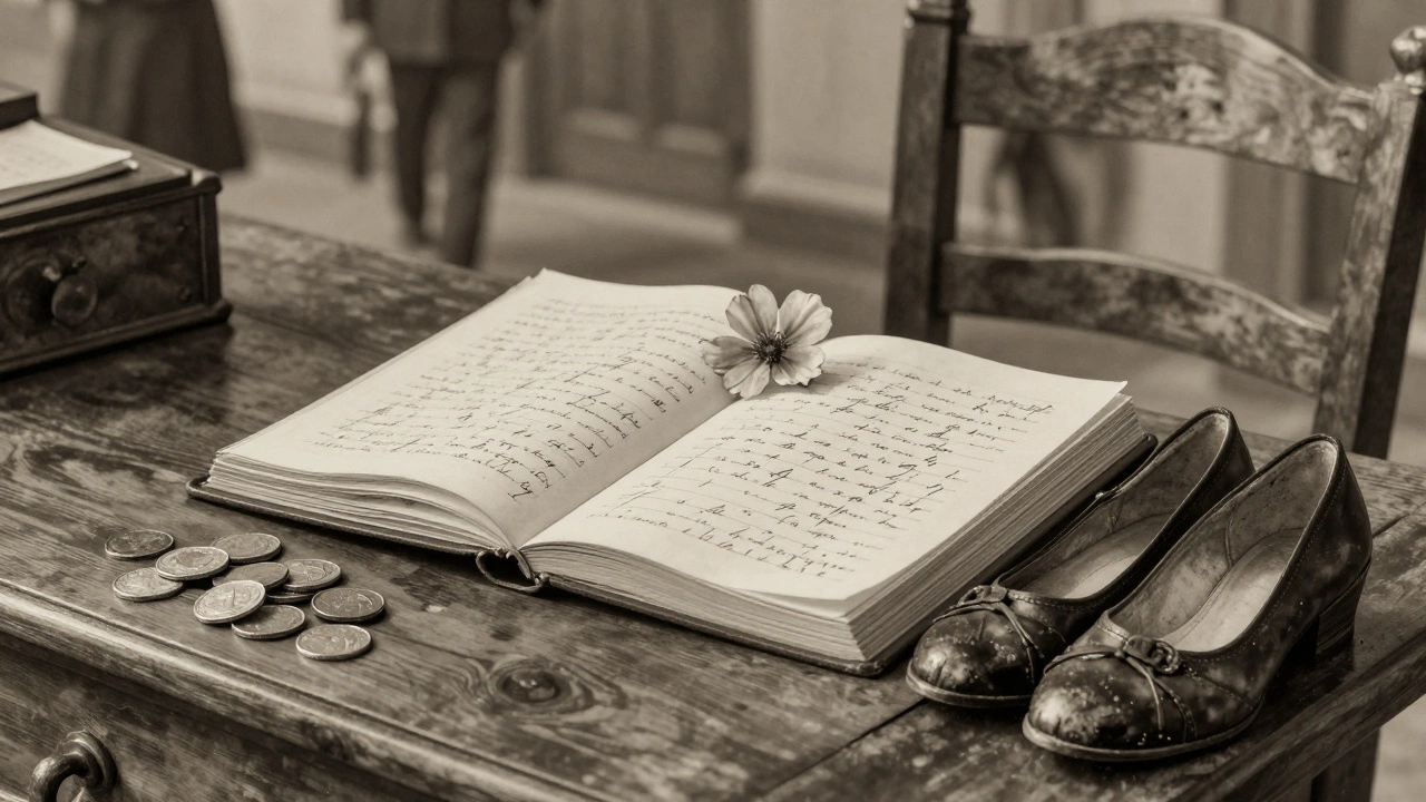 An open ledger with gold coins and a pressed flower, symbolizing Lizzie Lape’s orderly and respectful brothel operation.
