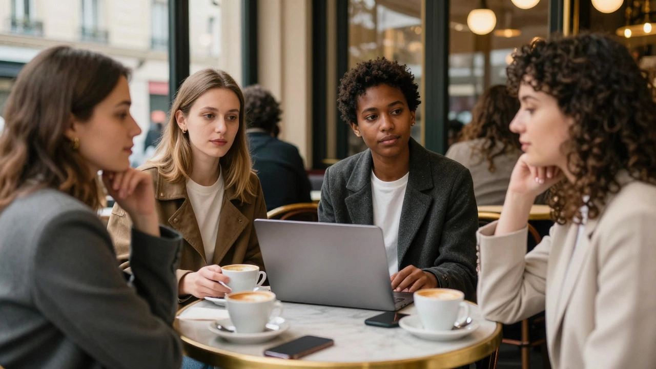 Diverse individuals chatting casually in a Paris café, conveying dignity and personal autonomy.